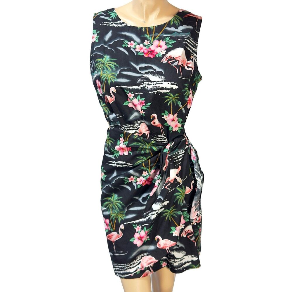Puanani Hawaiian Faux Wrap Dress Size S M Black Pink Hibiscus Flamingo Aloha NWT